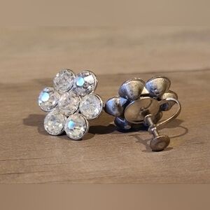 Vintage Flower Shape Rhinestone Silver Tone Screw Back Earrings [Read Details]